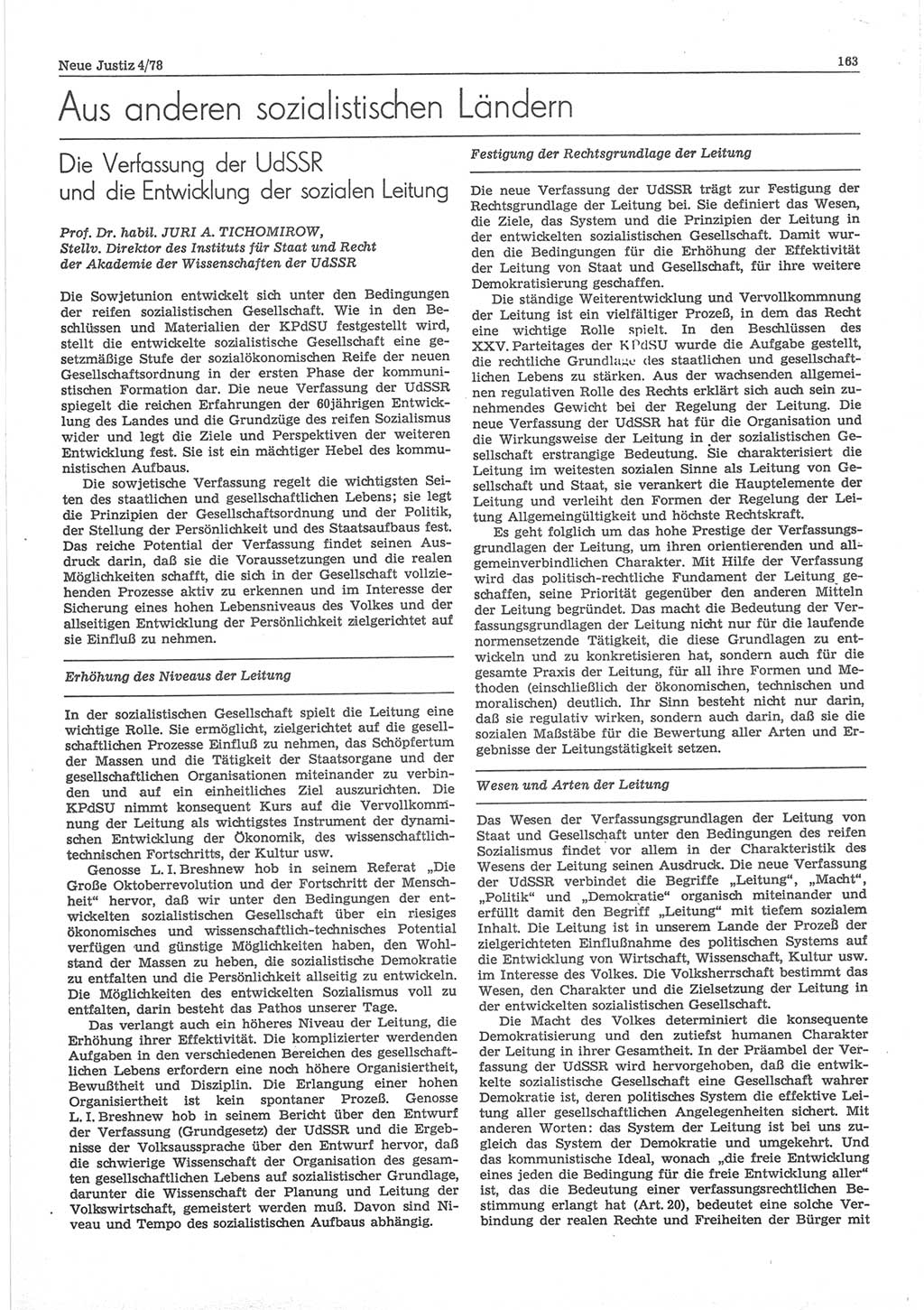 Neue Justiz (NJ), Zeitschrift für sozialistisches Recht und Gesetzlichkeit [Deutsche Demokratische Republik (DDR)], 32. Jahrgang 1978, Seite 163 (NJ DDR 1978, S. 163)