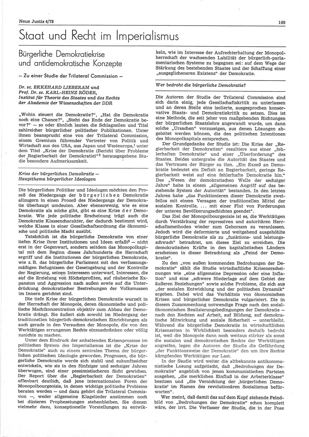 Neue Justiz (NJ), Zeitschrift für sozialistisches Recht und Gesetzlichkeit [Deutsche Demokratische Republik (DDR)], 32. Jahrgang 1978, Seite 169 (NJ DDR 1978, S. 169)