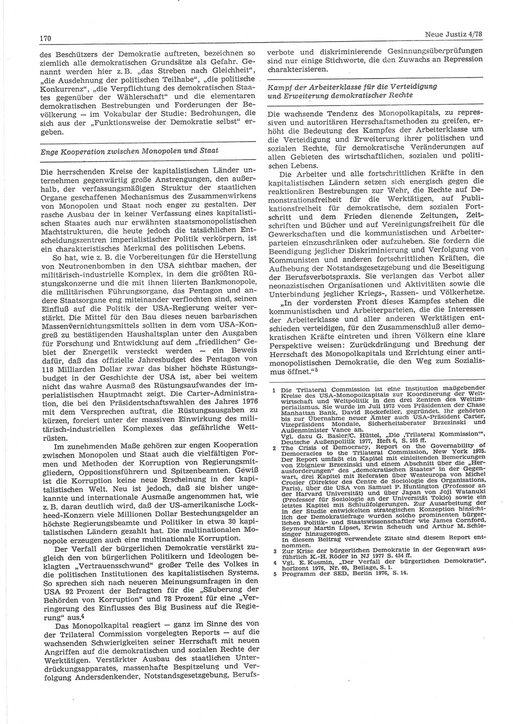 Neue Justiz (NJ), Zeitschrift für sozialistisches Recht und Gesetzlichkeit [Deutsche Demokratische Republik (DDR)], 32. Jahrgang 1978, Seite 170 (NJ DDR 1978, S. 170)