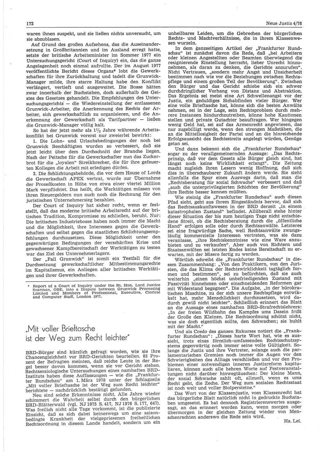 Neue Justiz (NJ), Zeitschrift für sozialistisches Recht und Gesetzlichkeit [Deutsche Demokratische Republik (DDR)], 32. Jahrgang 1978, Seite 172 (NJ DDR 1978, S. 172)