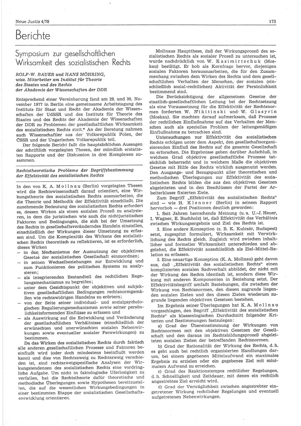 Neue Justiz (NJ), Zeitschrift für sozialistisches Recht und Gesetzlichkeit [Deutsche Demokratische Republik (DDR)], 32. Jahrgang 1978, Seite 173 (NJ DDR 1978, S. 173)