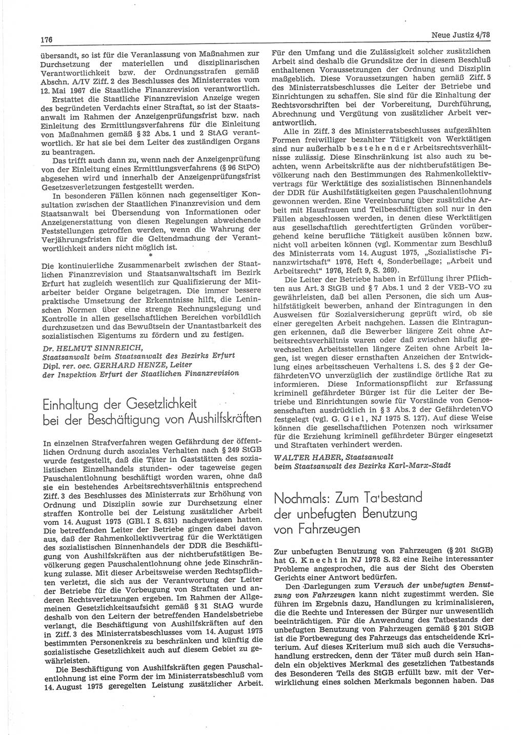 Neue Justiz (NJ), Zeitschrift für sozialistisches Recht und Gesetzlichkeit [Deutsche Demokratische Republik (DDR)], 32. Jahrgang 1978, Seite 176 (NJ DDR 1978, S. 176)