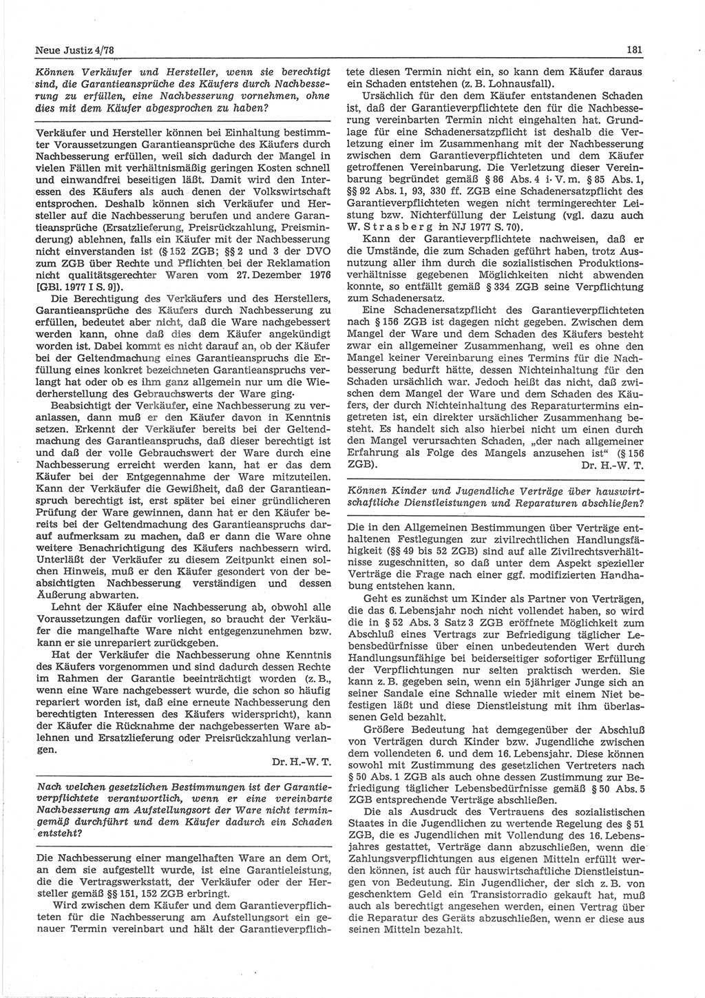 Neue Justiz (NJ), Zeitschrift für sozialistisches Recht und Gesetzlichkeit [Deutsche Demokratische Republik (DDR)], 32. Jahrgang 1978, Seite 181 (NJ DDR 1978, S. 181)