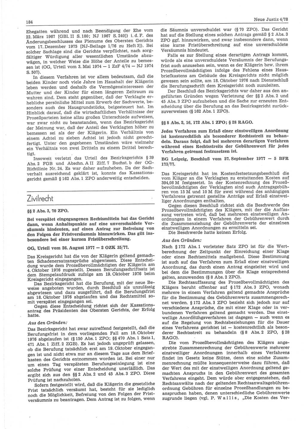 Neue Justiz (NJ), Zeitschrift für sozialistisches Recht und Gesetzlichkeit [Deutsche Demokratische Republik (DDR)], 32. Jahrgang 1978, Seite 184 (NJ DDR 1978, S. 184)