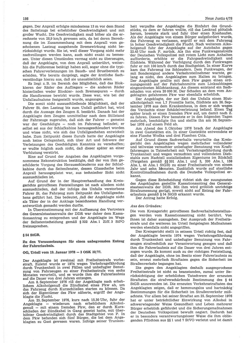 Neue Justiz (NJ), Zeitschrift für sozialistisches Recht und Gesetzlichkeit [Deutsche Demokratische Republik (DDR)], 32. Jahrgang 1978, Seite 186 (NJ DDR 1978, S. 186)