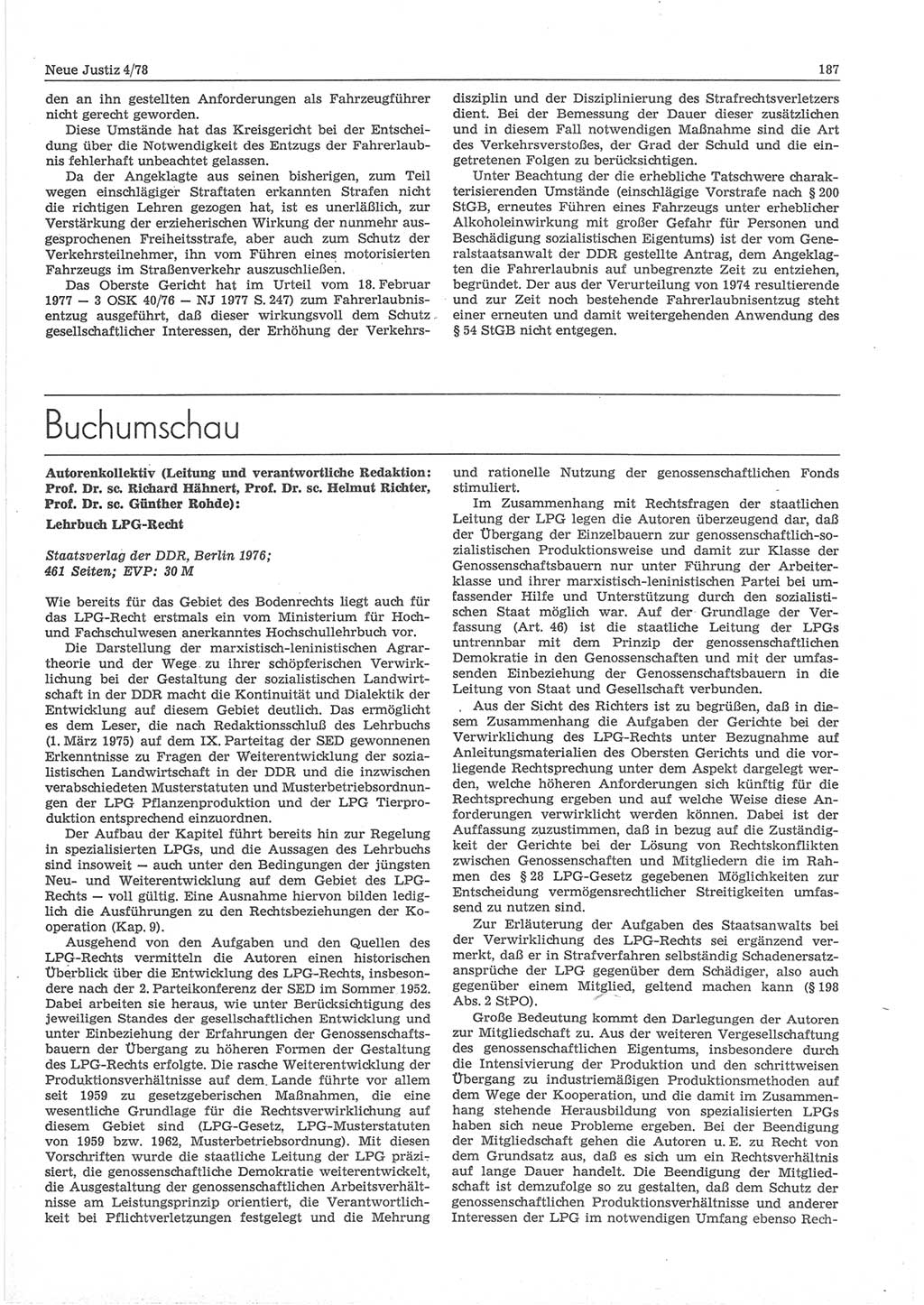 Neue Justiz (NJ), Zeitschrift für sozialistisches Recht und Gesetzlichkeit [Deutsche Demokratische Republik (DDR)], 32. Jahrgang 1978, Seite 187 (NJ DDR 1978, S. 187)