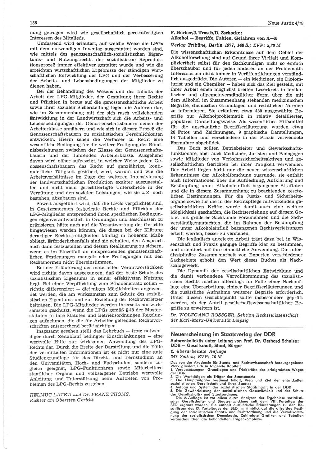 Neue Justiz (NJ), Zeitschrift für sozialistisches Recht und Gesetzlichkeit [Deutsche Demokratische Republik (DDR)], 32. Jahrgang 1978, Seite 188 (NJ DDR 1978, S. 188)