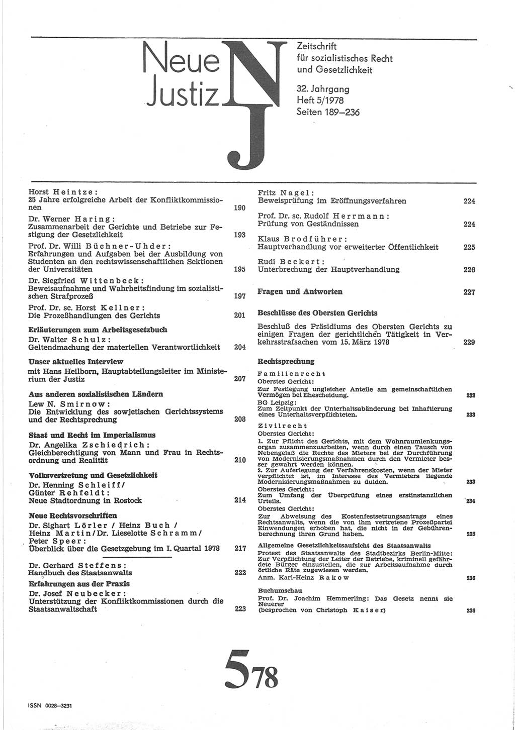 Neue Justiz (NJ), Zeitschrift für sozialistisches Recht und Gesetzlichkeit [Deutsche Demokratische Republik (DDR)], 32. Jahrgang 1978, Seite 189 (NJ DDR 1978, S. 189)