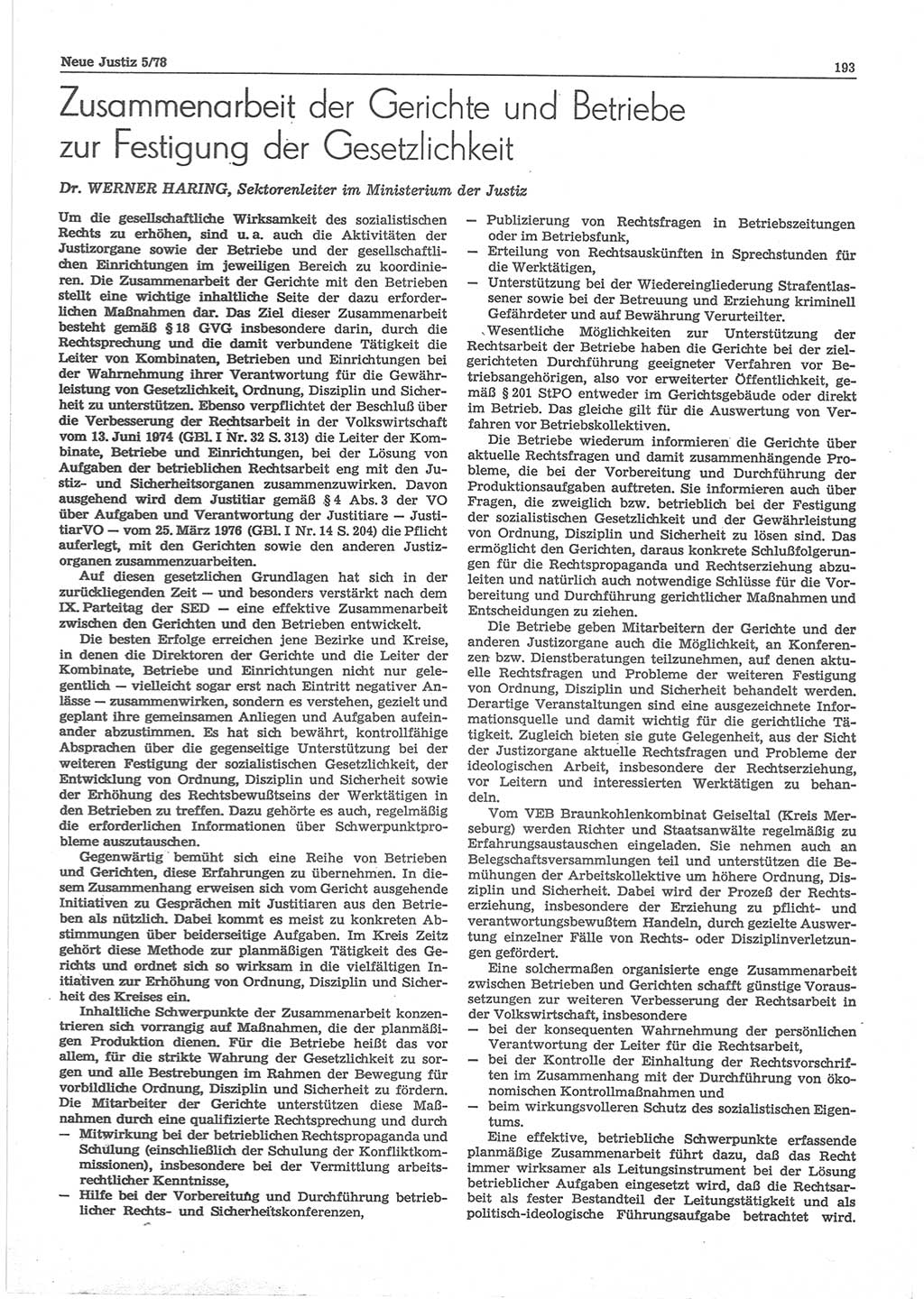 Neue Justiz (NJ), Zeitschrift für sozialistisches Recht und Gesetzlichkeit [Deutsche Demokratische Republik (DDR)], 32. Jahrgang 1978, Seite 193 (NJ DDR 1978, S. 193)