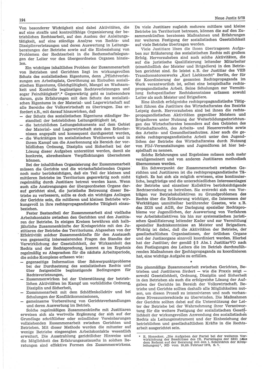 Neue Justiz (NJ), Zeitschrift für sozialistisches Recht und Gesetzlichkeit [Deutsche Demokratische Republik (DDR)], 32. Jahrgang 1978, Seite 194 (NJ DDR 1978, S. 194)