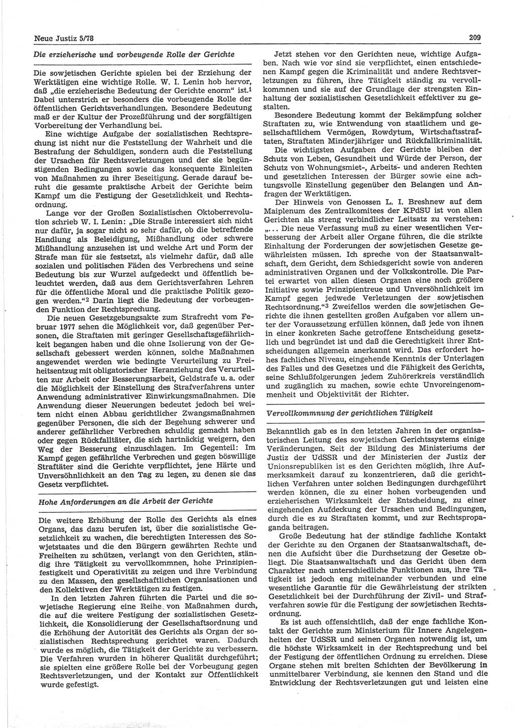 Neue Justiz (NJ), Zeitschrift für sozialistisches Recht und Gesetzlichkeit [Deutsche Demokratische Republik (DDR)], 32. Jahrgang 1978, Seite 209 (NJ DDR 1978, S. 209)