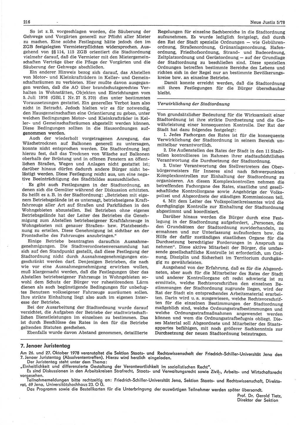 Neue Justiz (NJ), Zeitschrift für sozialistisches Recht und Gesetzlichkeit [Deutsche Demokratische Republik (DDR)], 32. Jahrgang 1978, Seite 216 (NJ DDR 1978, S. 216)