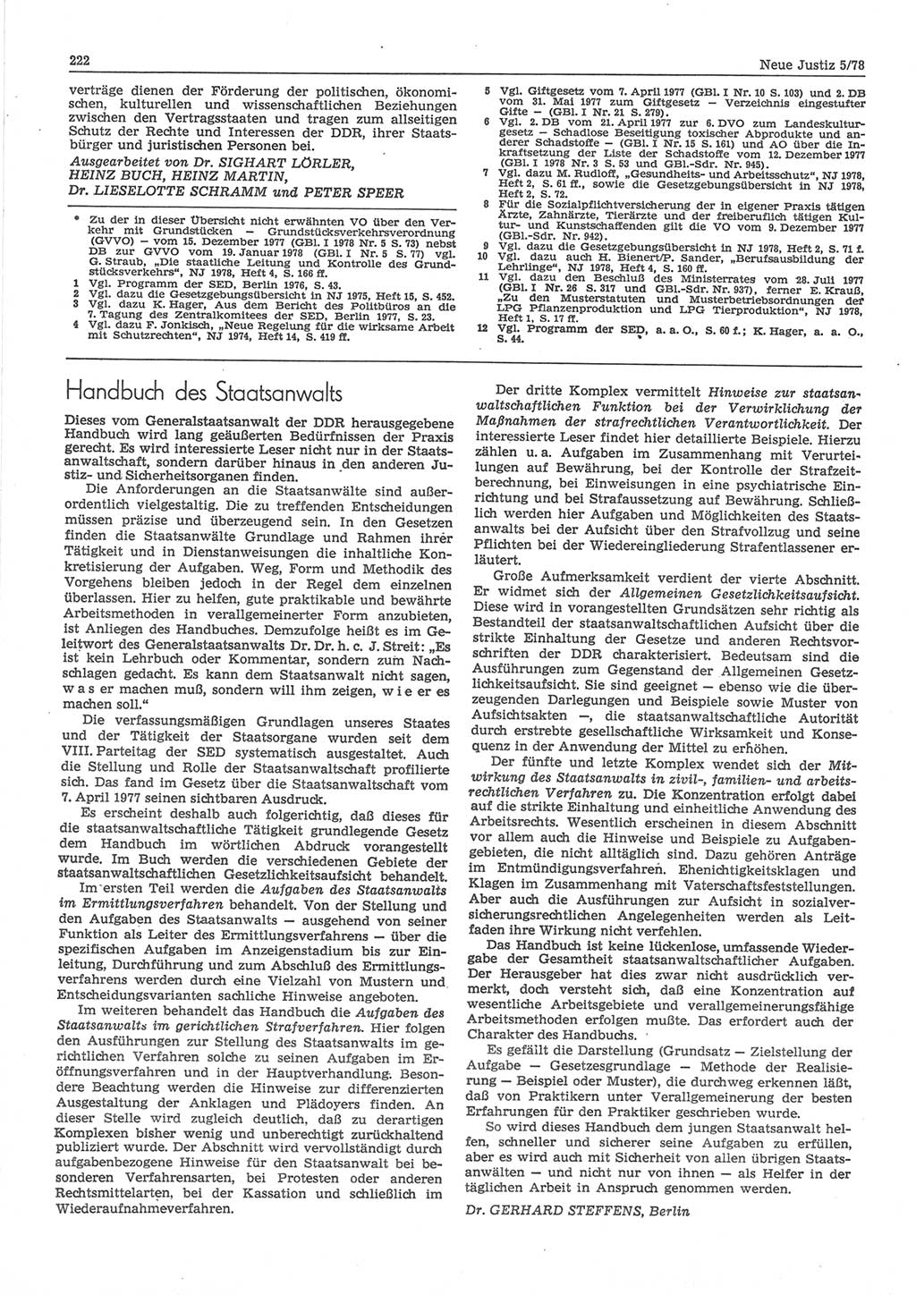 Neue Justiz (NJ), Zeitschrift für sozialistisches Recht und Gesetzlichkeit [Deutsche Demokratische Republik (DDR)], 32. Jahrgang 1978, Seite 222 (NJ DDR 1978, S. 222)