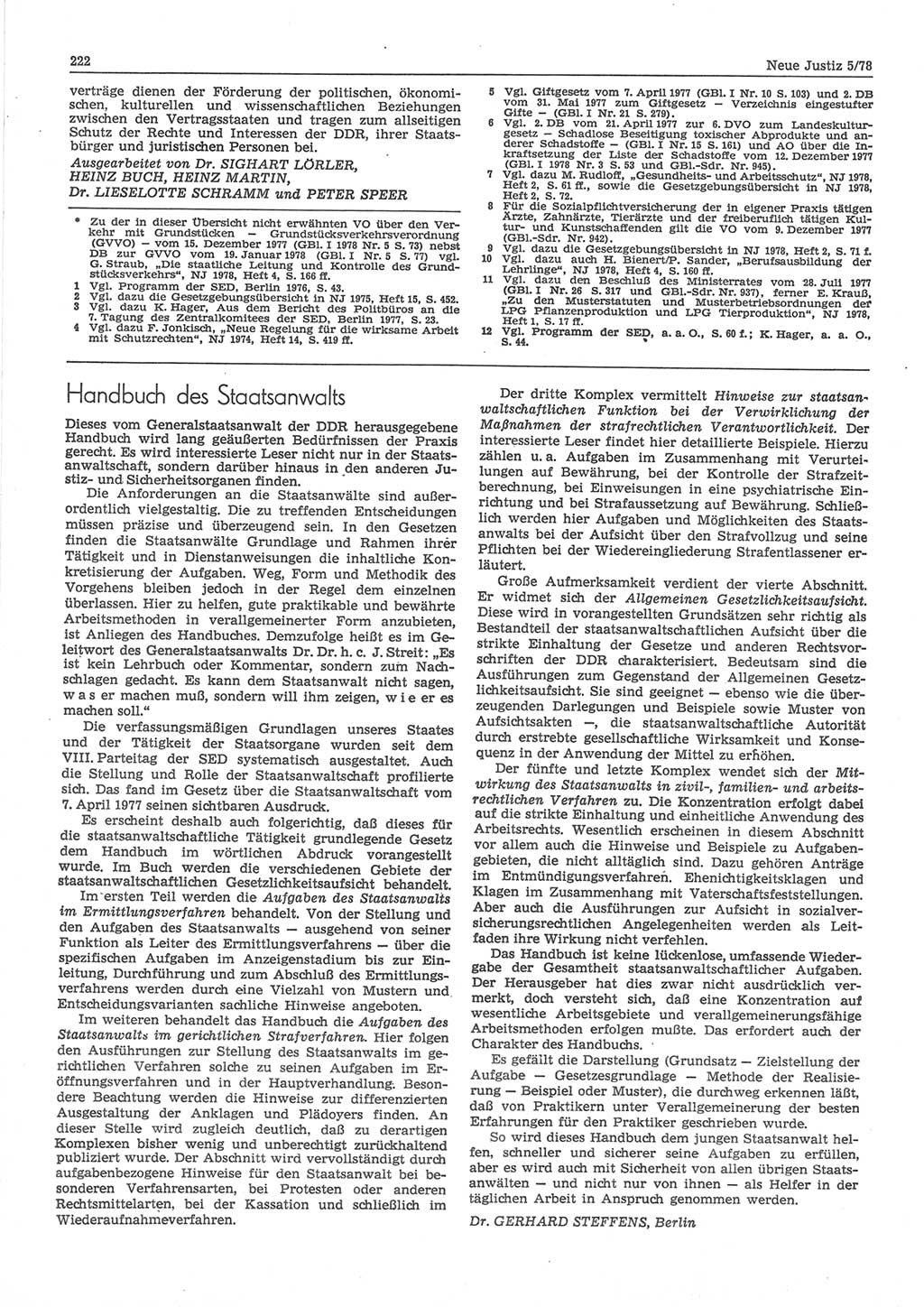 Neue Justiz (NJ), Zeitschrift für sozialistisches Recht und Gesetzlichkeit [Deutsche Demokratische Republik (DDR)], 32. Jahrgang 1978, Seite 222 (NJ DDR 1978, S. 222)