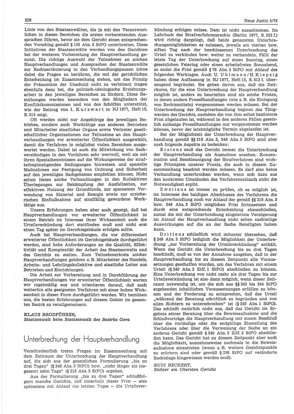 Neue Justiz (NJ), Zeitschrift für sozialistisches Recht und Gesetzlichkeit [Deutsche Demokratische Republik (DDR)], 32. Jahrgang 1978, Seite 226 (NJ DDR 1978, S. 226)
