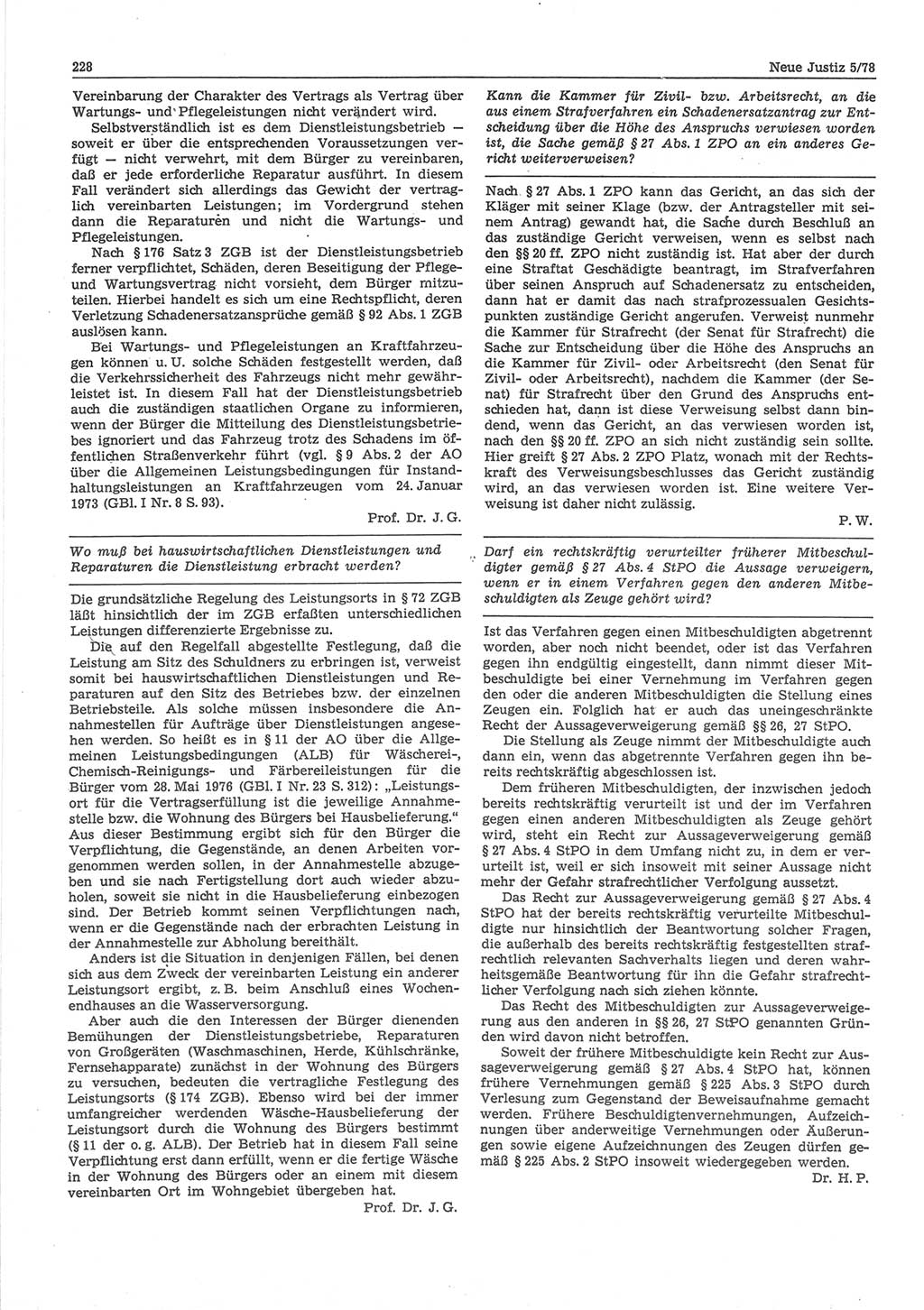 Neue Justiz (NJ), Zeitschrift für sozialistisches Recht und Gesetzlichkeit [Deutsche Demokratische Republik (DDR)], 32. Jahrgang 1978, Seite 228 (NJ DDR 1978, S. 228)