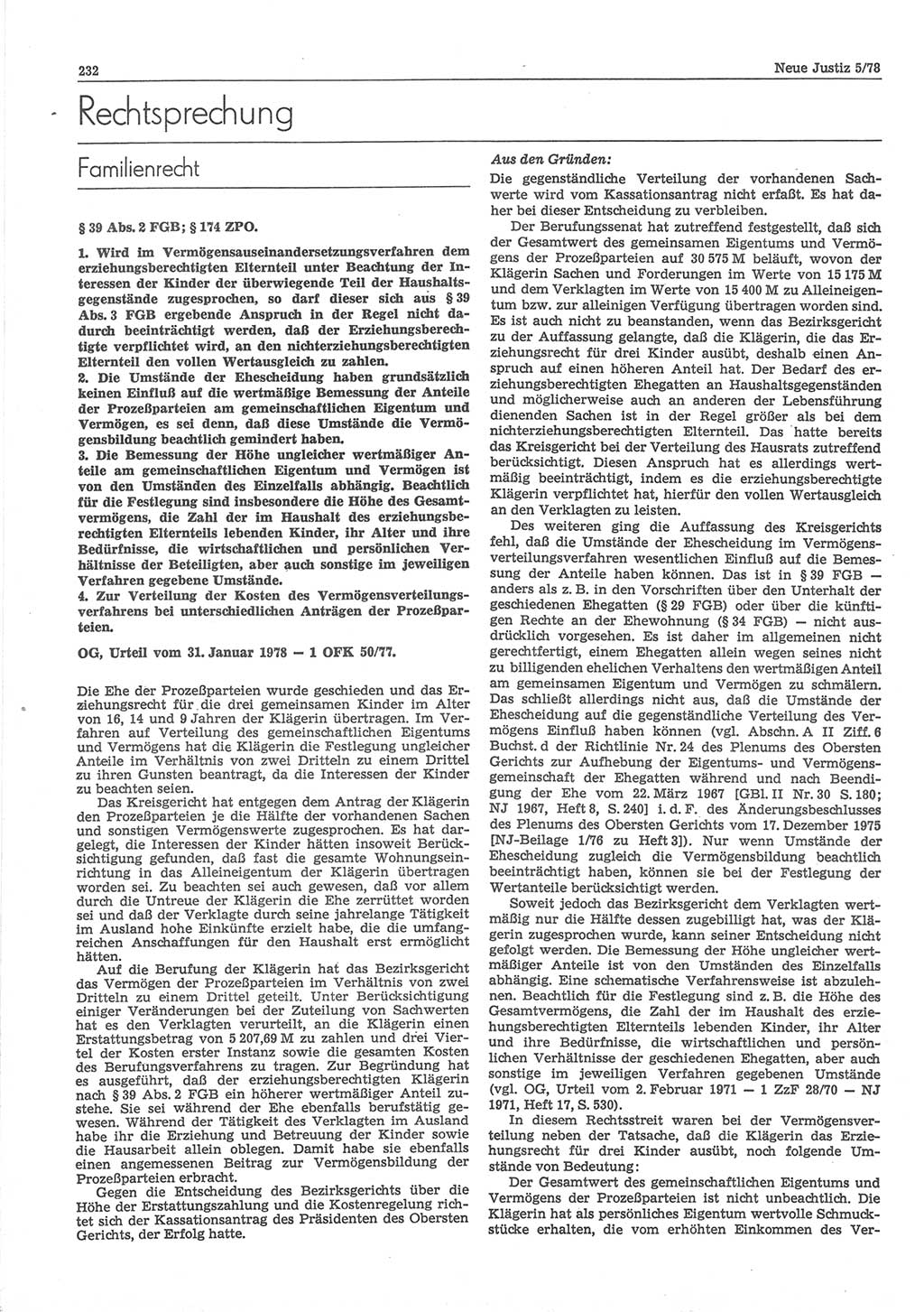 Neue Justiz (NJ), Zeitschrift für sozialistisches Recht und Gesetzlichkeit [Deutsche Demokratische Republik (DDR)], 32. Jahrgang 1978, Seite 232 (NJ DDR 1978, S. 232)