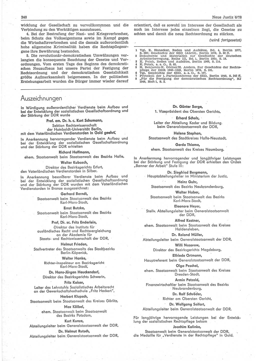 Neue Justiz (NJ), Zeitschrift für sozialistisches Recht und Gesetzlichkeit [Deutsche Demokratische Republik (DDR)], 32. Jahrgang 1978, Seite 240 (NJ DDR 1978, S. 240)