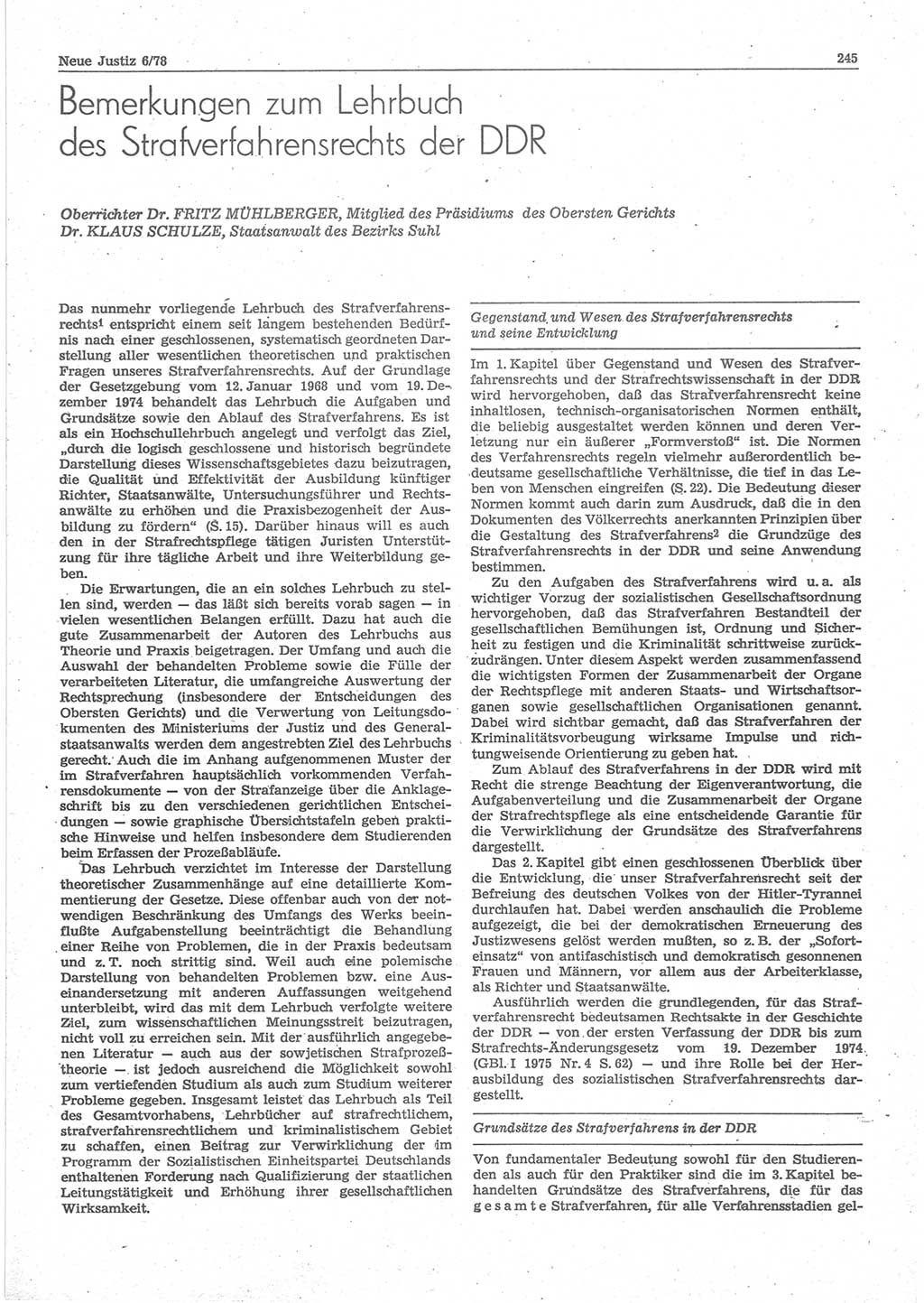 Neue Justiz (NJ), Zeitschrift für sozialistisches Recht und Gesetzlichkeit [Deutsche Demokratische Republik (DDR)], 32. Jahrgang 1978, Seite 245 (NJ DDR 1978, S. 245)