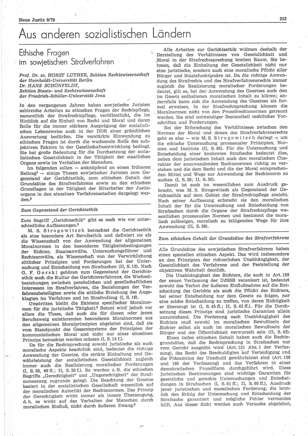 Neue Justiz (NJ), Zeitschrift für sozialistisches Recht und Gesetzlichkeit [Deutsche Demokratische Republik (DDR)], 32. Jahrgang 1978, Seite 253 (NJ DDR 1978, S. 253)