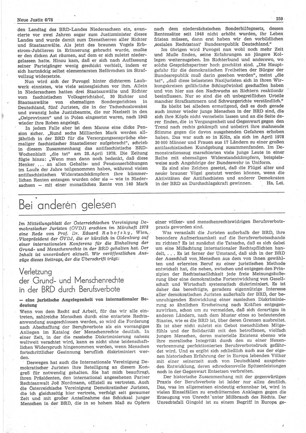 Neue Justiz (NJ), Zeitschrift für sozialistisches Recht und Gesetzlichkeit [Deutsche Demokratische Republik (DDR)], 32. Jahrgang 1978, Seite 259 (NJ DDR 1978, S. 259)