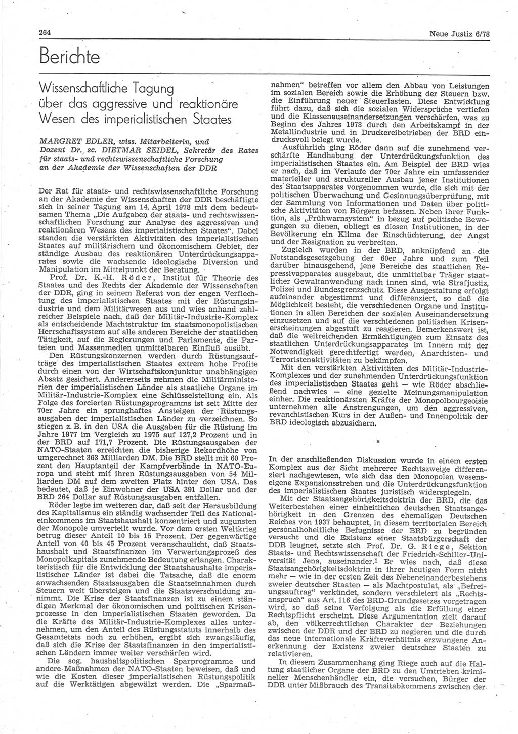 Neue Justiz (NJ), Zeitschrift für sozialistisches Recht und Gesetzlichkeit [Deutsche Demokratische Republik (DDR)], 32. Jahrgang 1978, Seite 264 (NJ DDR 1978, S. 264)