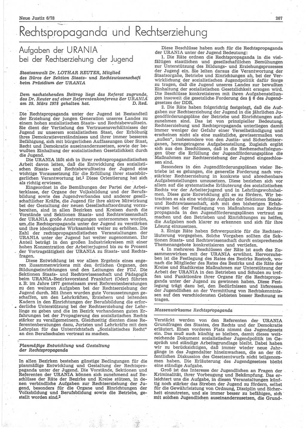 Neue Justiz (NJ), Zeitschrift für sozialistisches Recht und Gesetzlichkeit [Deutsche Demokratische Republik (DDR)], 32. Jahrgang 1978, Seite 267 (NJ DDR 1978, S. 267)