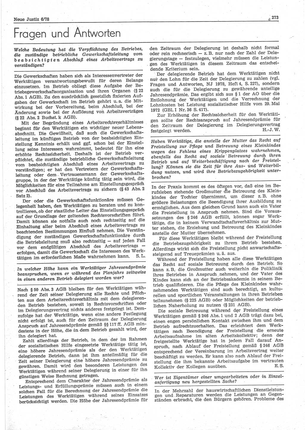 Neue Justiz (NJ), Zeitschrift für sozialistisches Recht und Gesetzlichkeit [Deutsche Demokratische Republik (DDR)], 32. Jahrgang 1978, Seite 273 (NJ DDR 1978, S. 273)