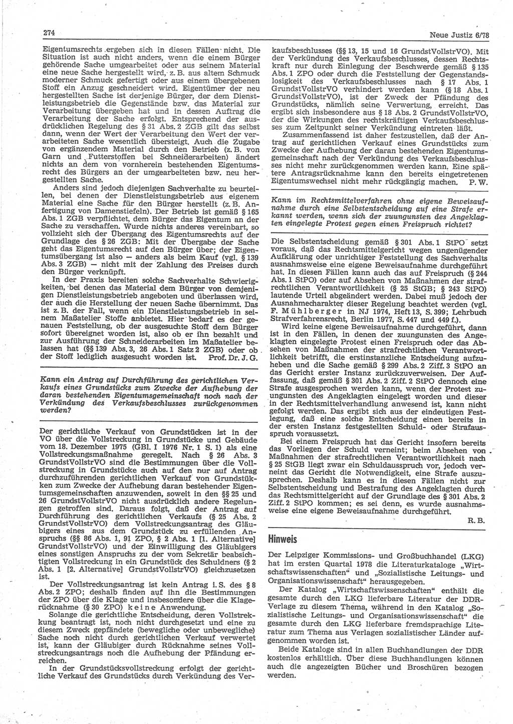 Neue Justiz (NJ), Zeitschrift für sozialistisches Recht und Gesetzlichkeit [Deutsche Demokratische Republik (DDR)], 32. Jahrgang 1978, Seite 274 (NJ DDR 1978, S. 274)