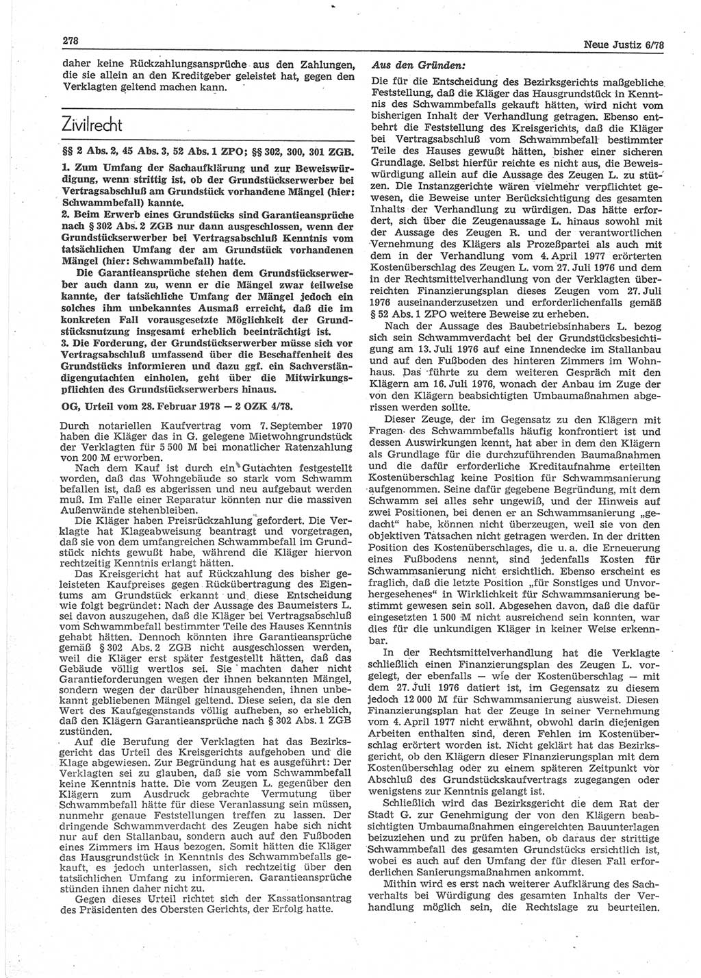 Neue Justiz (NJ), Zeitschrift für sozialistisches Recht und Gesetzlichkeit [Deutsche Demokratische Republik (DDR)], 32. Jahrgang 1978, Seite 278 (NJ DDR 1978, S. 278)
