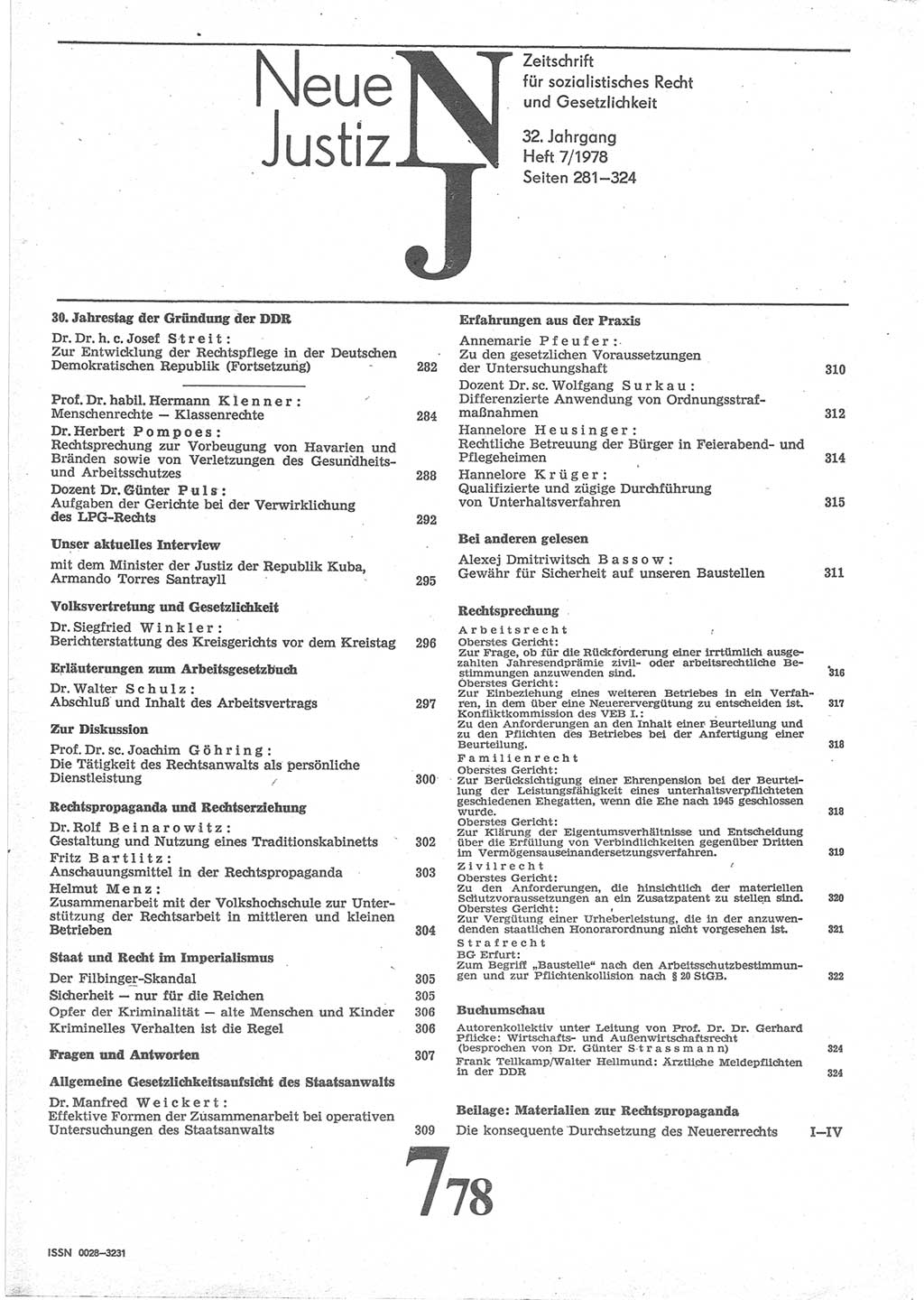 Neue Justiz (NJ), Zeitschrift für sozialistisches Recht und Gesetzlichkeit [Deutsche Demokratische Republik (DDR)], 32. Jahrgang 1978, Seite 281 (NJ DDR 1978, S. 281)