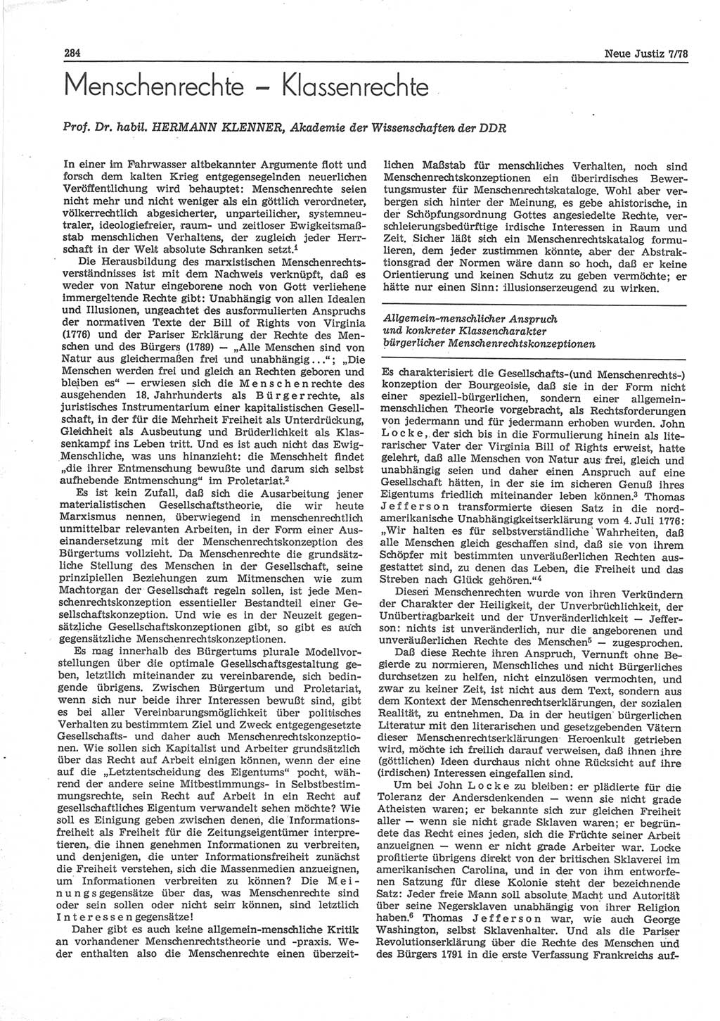 Neue Justiz (NJ), Zeitschrift für sozialistisches Recht und Gesetzlichkeit [Deutsche Demokratische Republik (DDR)], 32. Jahrgang 1978, Seite 284 (NJ DDR 1978, S. 284)