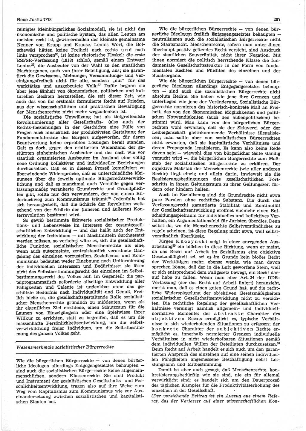 Neue Justiz (NJ), Zeitschrift für sozialistisches Recht und Gesetzlichkeit [Deutsche Demokratische Republik (DDR)], 32. Jahrgang 1978, Seite 287 (NJ DDR 1978, S. 287)