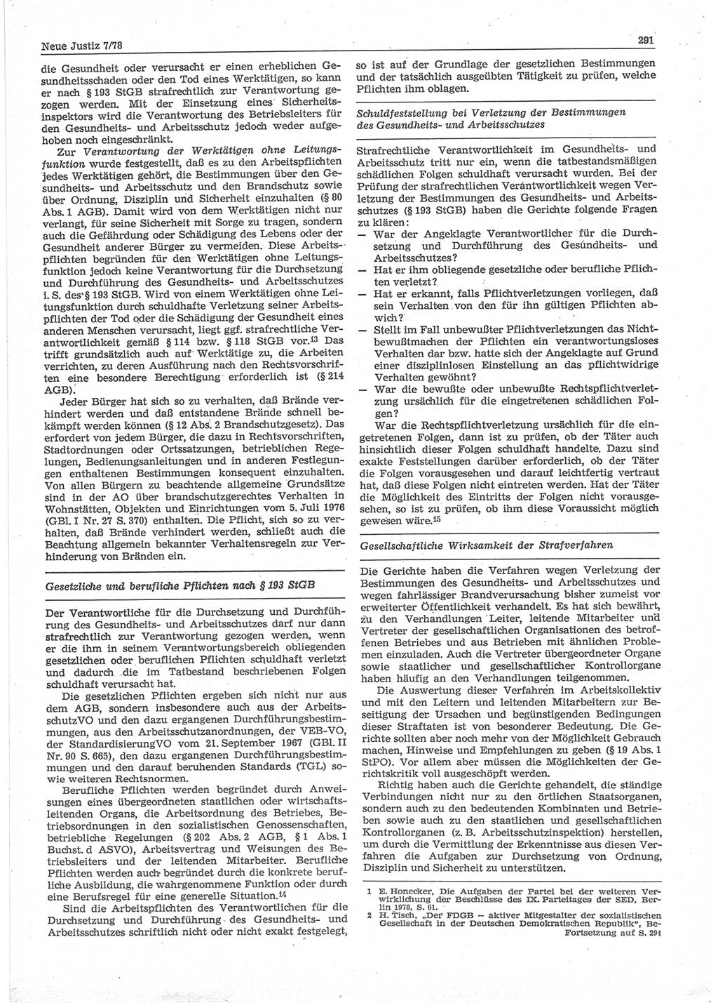 Neue Justiz (NJ), Zeitschrift für sozialistisches Recht und Gesetzlichkeit [Deutsche Demokratische Republik (DDR)], 32. Jahrgang 1978, Seite 291 (NJ DDR 1978, S. 291)