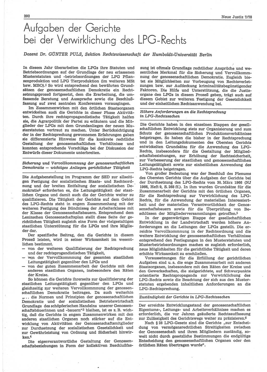 Neue Justiz (NJ), Zeitschrift für sozialistisches Recht und Gesetzlichkeit [Deutsche Demokratische Republik (DDR)], 32. Jahrgang 1978, Seite 292 (NJ DDR 1978, S. 292)
