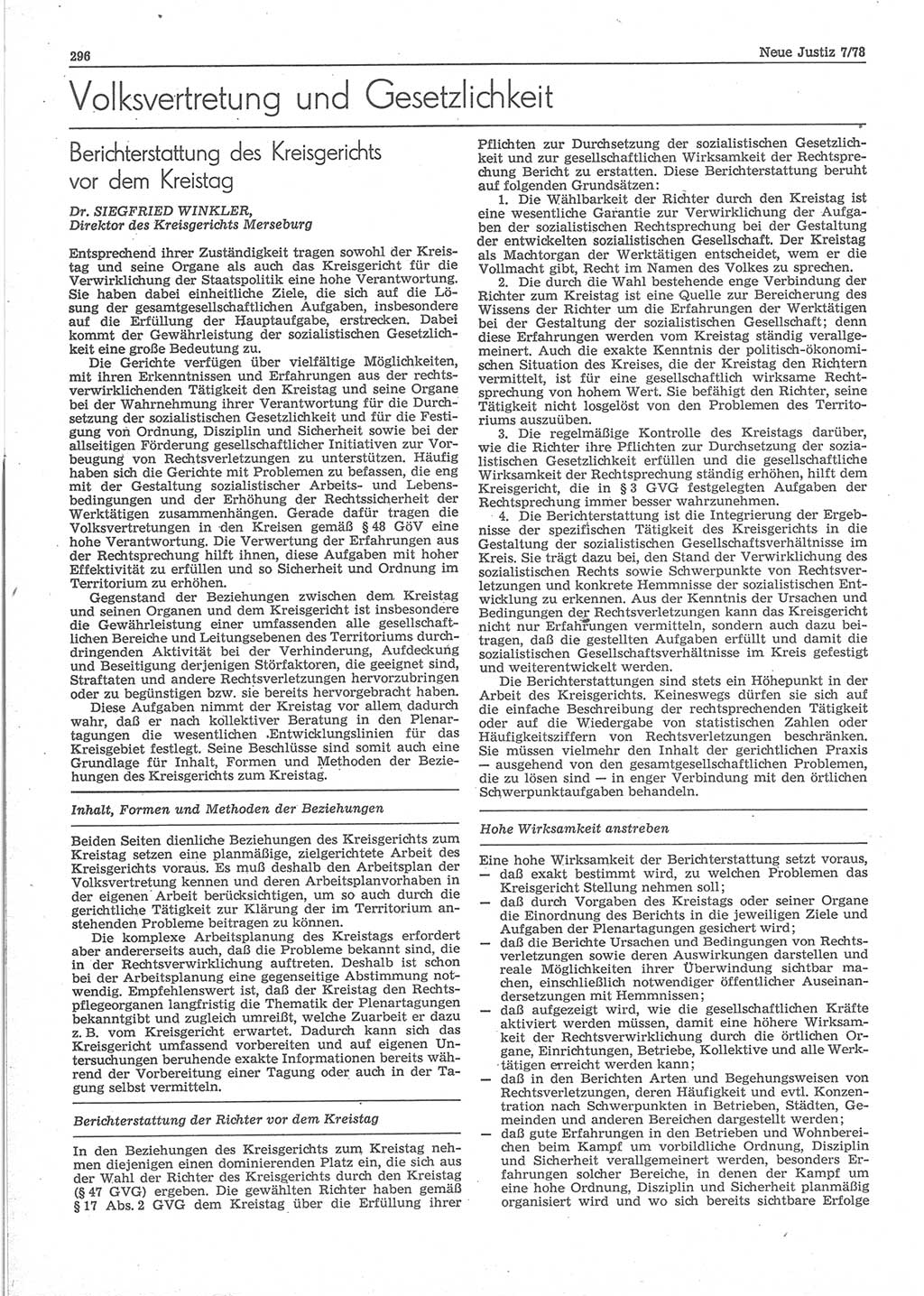 Neue Justiz (NJ), Zeitschrift für sozialistisches Recht und Gesetzlichkeit [Deutsche Demokratische Republik (DDR)], 32. Jahrgang 1978, Seite 296 (NJ DDR 1978, S. 296)