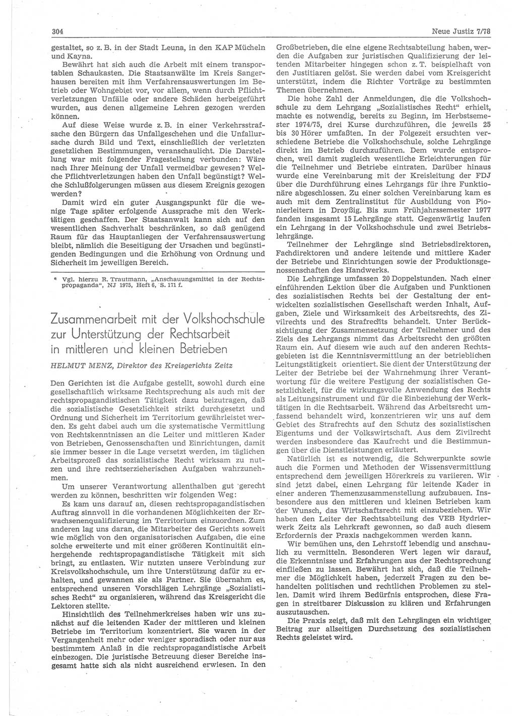 Neue Justiz (NJ), Zeitschrift für sozialistisches Recht und Gesetzlichkeit [Deutsche Demokratische Republik (DDR)], 32. Jahrgang 1978, Seite 304 (NJ DDR 1978, S. 304)