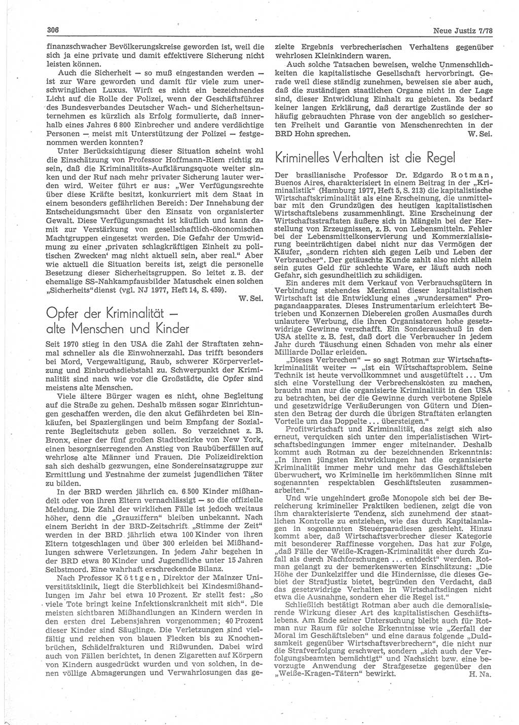 Neue Justiz (NJ), Zeitschrift für sozialistisches Recht und Gesetzlichkeit [Deutsche Demokratische Republik (DDR)], 32. Jahrgang 1978, Seite 306 (NJ DDR 1978, S. 306)