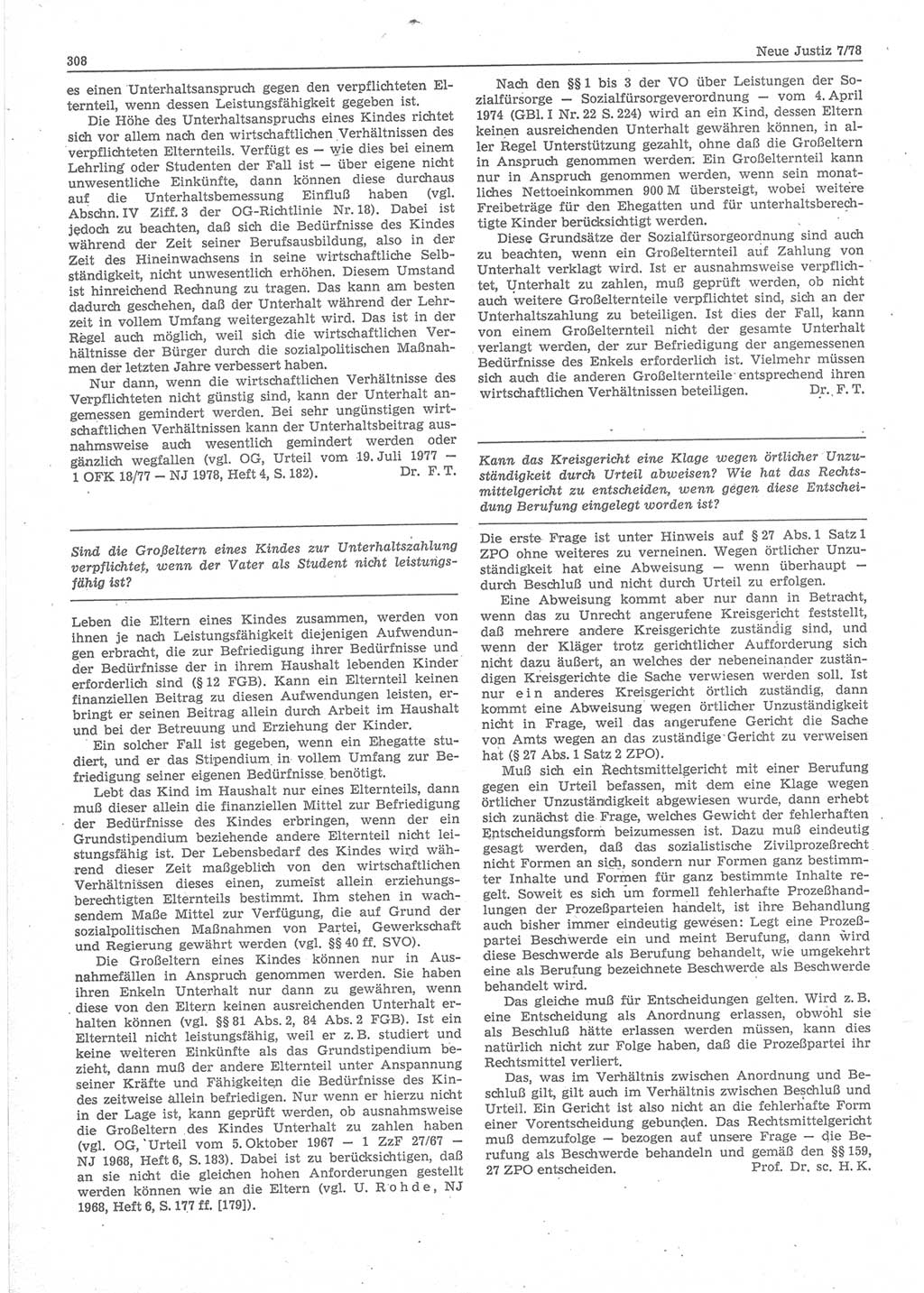 Neue Justiz (NJ), Zeitschrift für sozialistisches Recht und Gesetzlichkeit [Deutsche Demokratische Republik (DDR)], 32. Jahrgang 1978, Seite 308 (NJ DDR 1978, S. 308)
