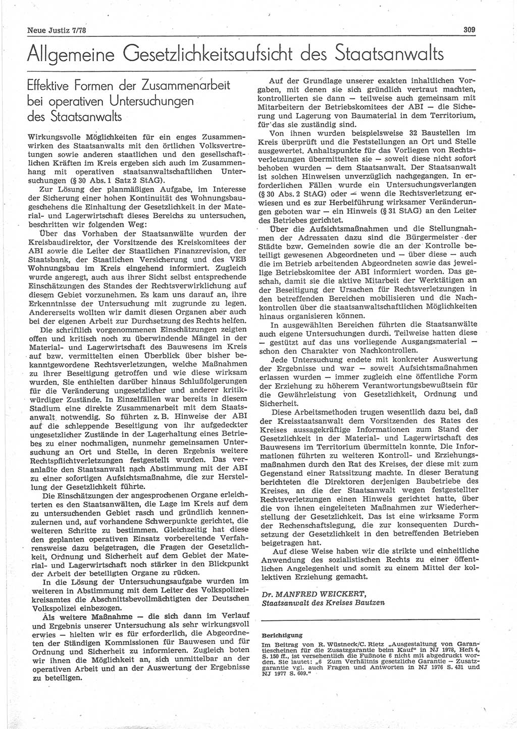 Neue Justiz (NJ), Zeitschrift für sozialistisches Recht und Gesetzlichkeit [Deutsche Demokratische Republik (DDR)], 32. Jahrgang 1978, Seite 309 (NJ DDR 1978, S. 309)