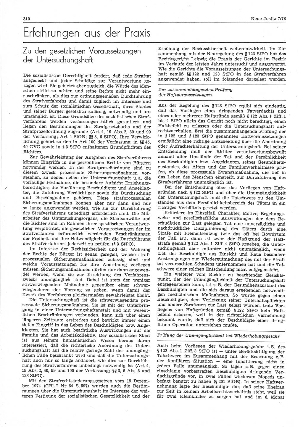 Neue Justiz (NJ), Zeitschrift für sozialistisches Recht und Gesetzlichkeit [Deutsche Demokratische Republik (DDR)], 32. Jahrgang 1978, Seite 310 (NJ DDR 1978, S. 310)