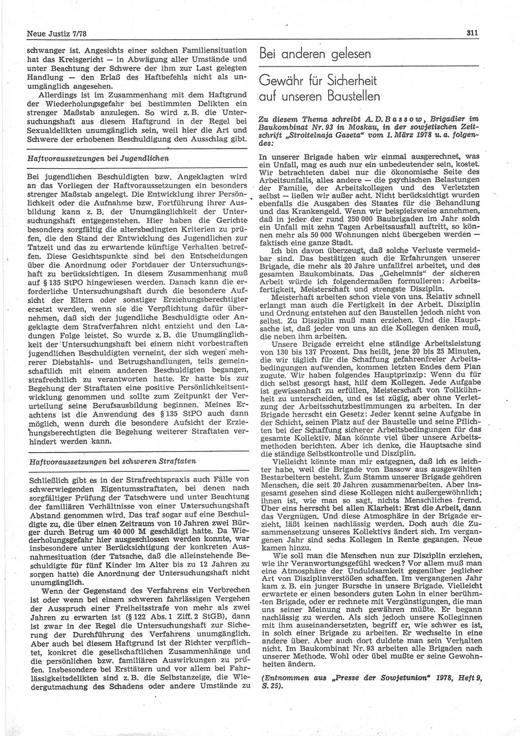 Neue Justiz (NJ), Zeitschrift für sozialistisches Recht und Gesetzlichkeit [Deutsche Demokratische Republik (DDR)], 32. Jahrgang 1978, Seite 311 (NJ DDR 1978, S. 311)