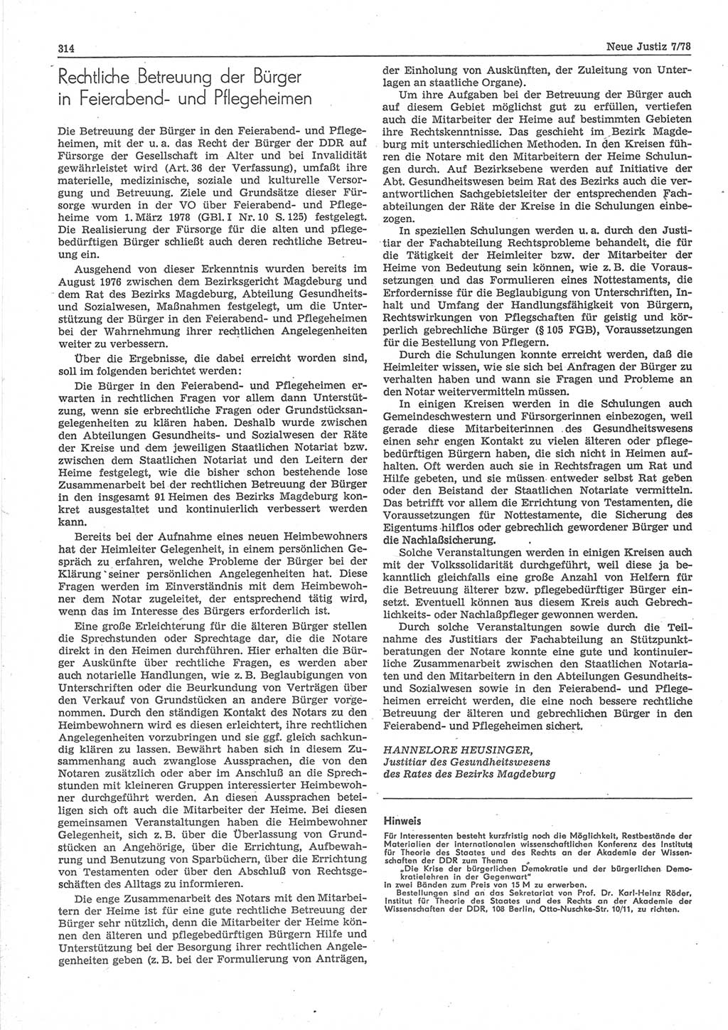 Neue Justiz (NJ), Zeitschrift für sozialistisches Recht und Gesetzlichkeit [Deutsche Demokratische Republik (DDR)], 32. Jahrgang 1978, Seite 314 (NJ DDR 1978, S. 314)
