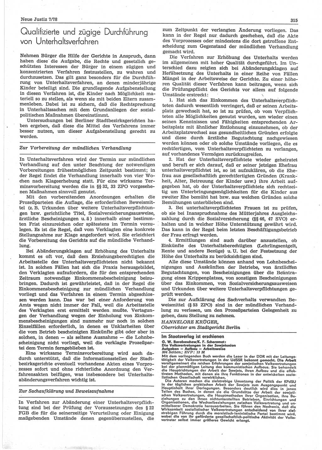 Neue Justiz (NJ), Zeitschrift für sozialistisches Recht und Gesetzlichkeit [Deutsche Demokratische Republik (DDR)], 32. Jahrgang 1978, Seite 315 (NJ DDR 1978, S. 315)
