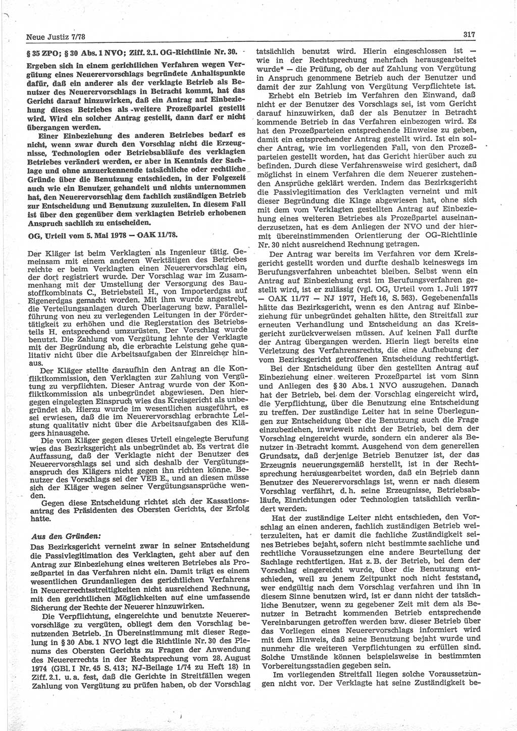 Neue Justiz (NJ), Zeitschrift für sozialistisches Recht und Gesetzlichkeit [Deutsche Demokratische Republik (DDR)], 32. Jahrgang 1978, Seite 317 (NJ DDR 1978, S. 317)