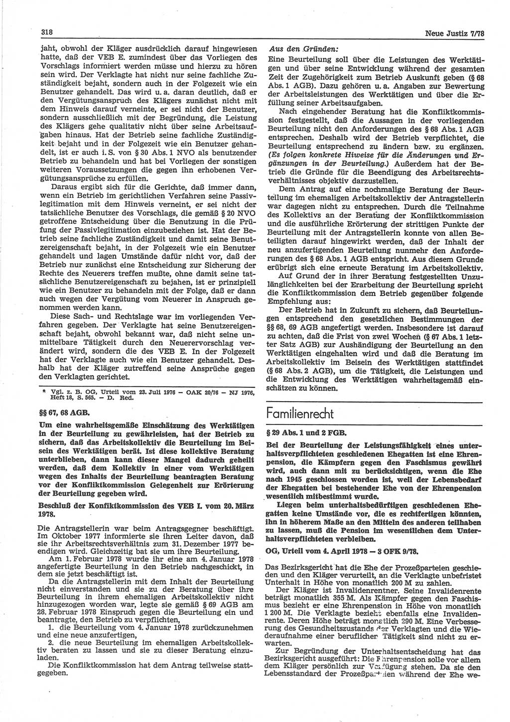 Neue Justiz (NJ), Zeitschrift für sozialistisches Recht und Gesetzlichkeit [Deutsche Demokratische Republik (DDR)], 32. Jahrgang 1978, Seite 318 (NJ DDR 1978, S. 318)