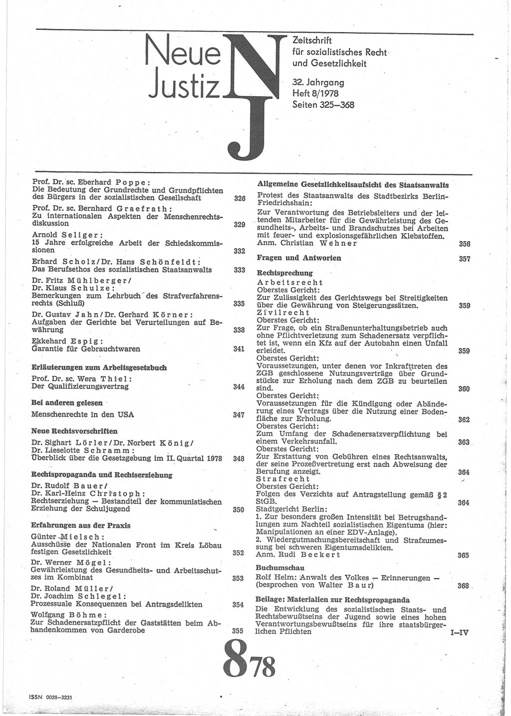 Neue Justiz (NJ), Zeitschrift für sozialistisches Recht und Gesetzlichkeit [Deutsche Demokratische Republik (DDR)], 32. Jahrgang 1978, Seite 325 (NJ DDR 1978, S. 325)