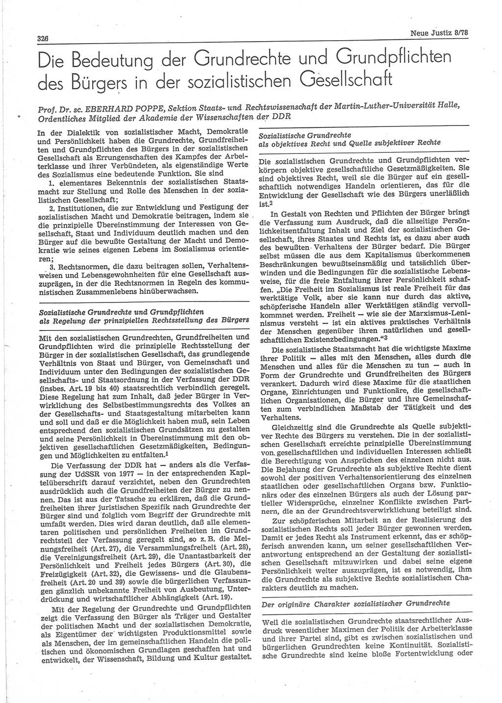 Neue Justiz (NJ), Zeitschrift für sozialistisches Recht und Gesetzlichkeit [Deutsche Demokratische Republik (DDR)], 32. Jahrgang 1978, Seite 326 (NJ DDR 1978, S. 326)
