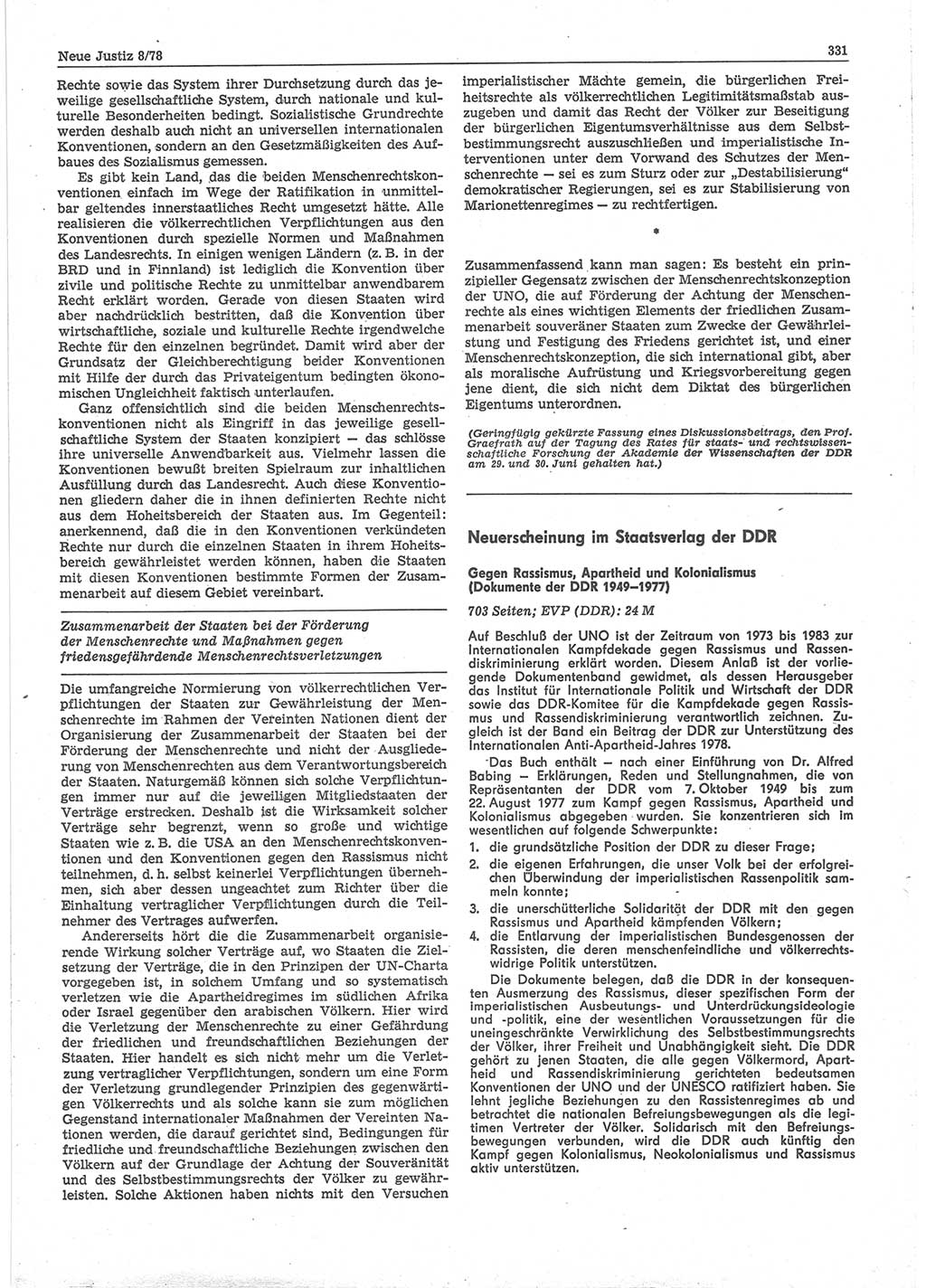 Neue Justiz (NJ), Zeitschrift für sozialistisches Recht und Gesetzlichkeit [Deutsche Demokratische Republik (DDR)], 32. Jahrgang 1978, Seite 331 (NJ DDR 1978, S. 331)