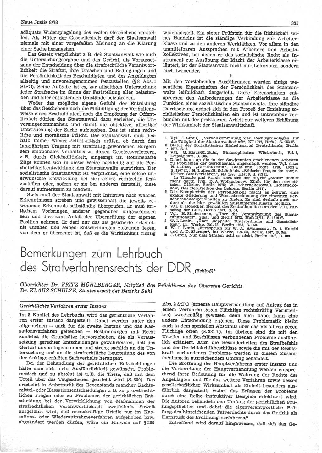 Neue Justiz (NJ), Zeitschrift für sozialistisches Recht und Gesetzlichkeit [Deutsche Demokratische Republik (DDR)], 32. Jahrgang 1978, Seite 335 (NJ DDR 1978, S. 335)